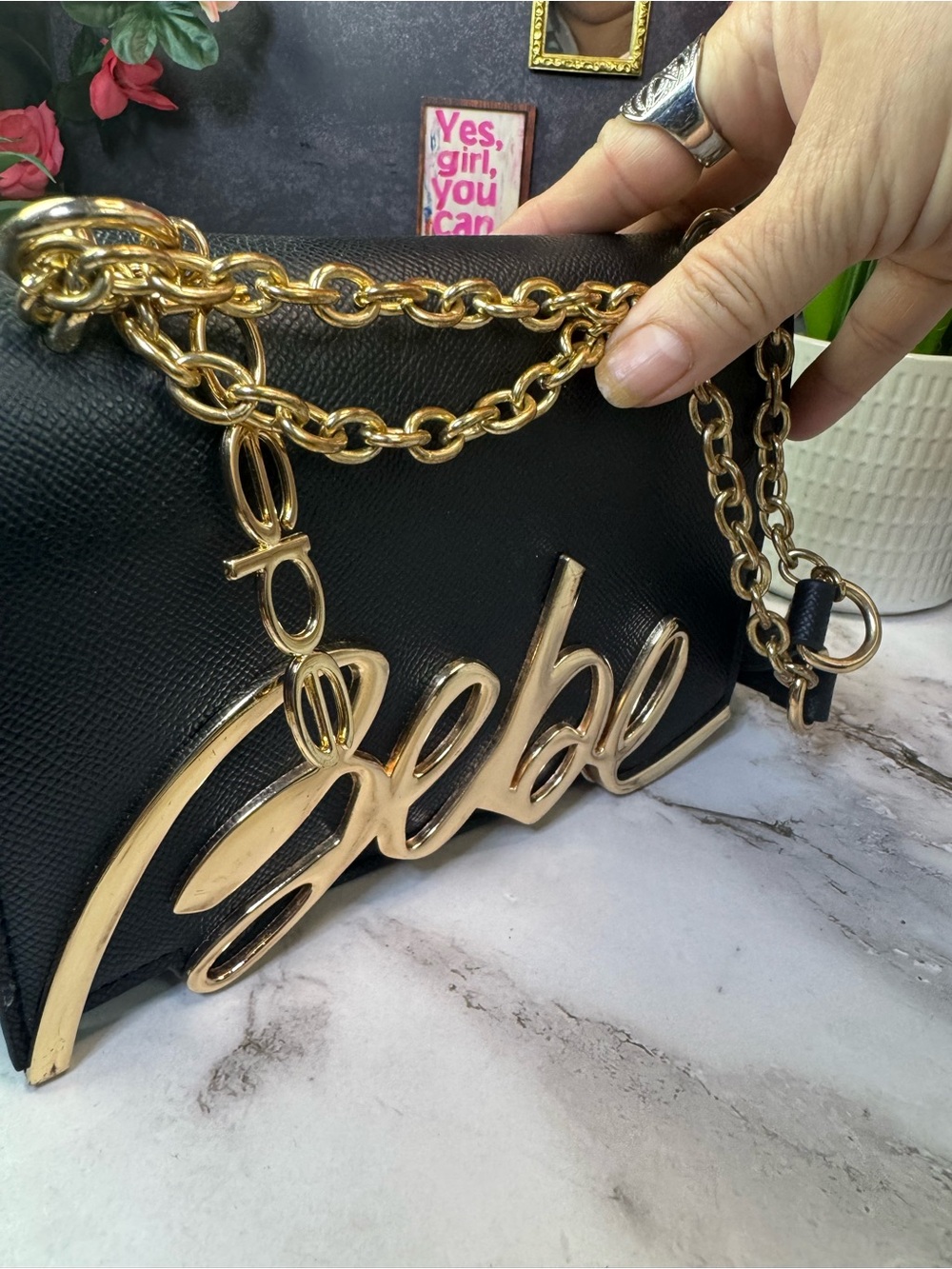 bebe Black Crossbody Bag with Gold Script and Chain - Picture 5 of 13